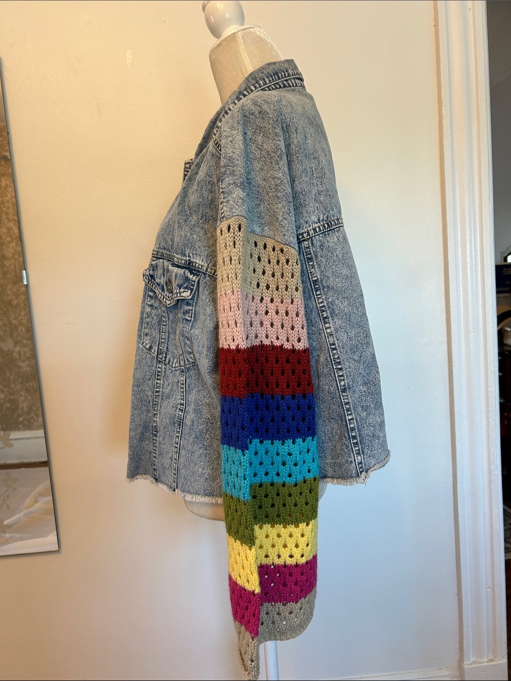 Vintage elan Acid Wash Denim Jacket with Colorful Crochet Striped Sleeves - Picture 3 of 10